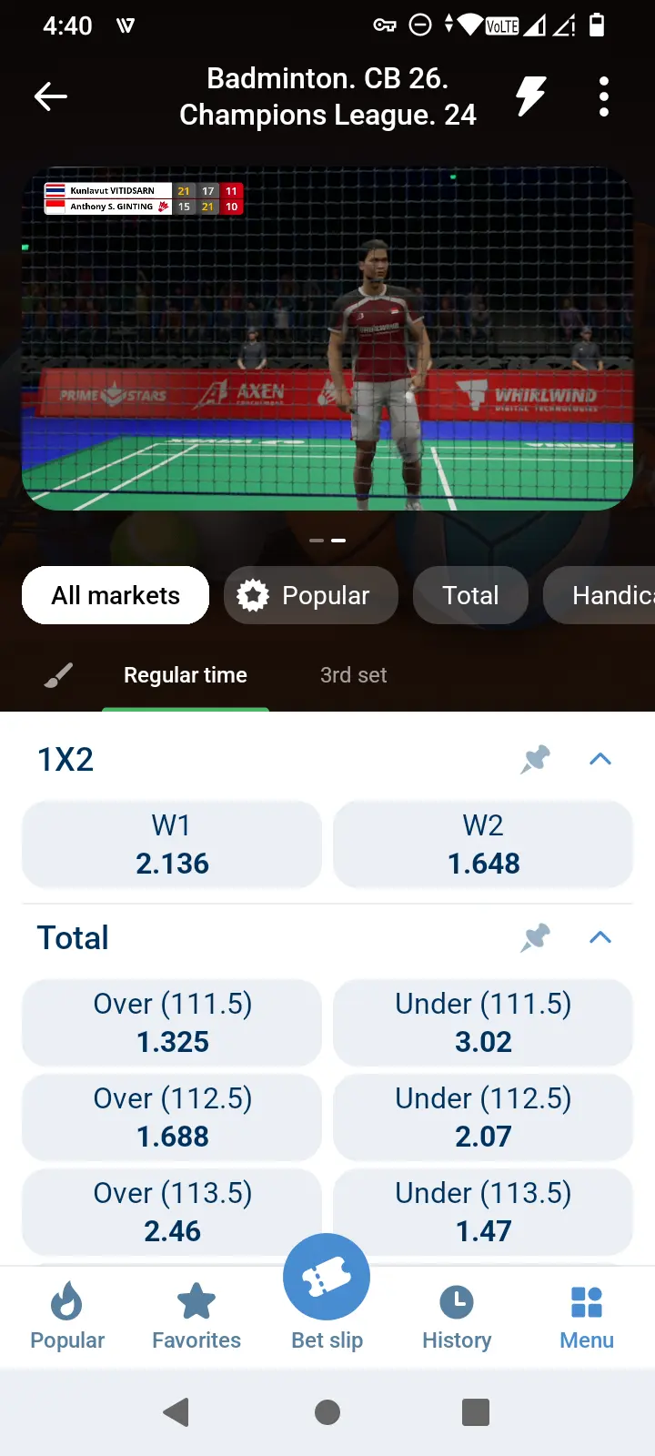 1xBet live badminton match odds screen