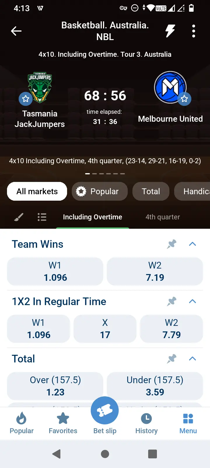 1xBet live basketball match odds screen with team wins and totals markets