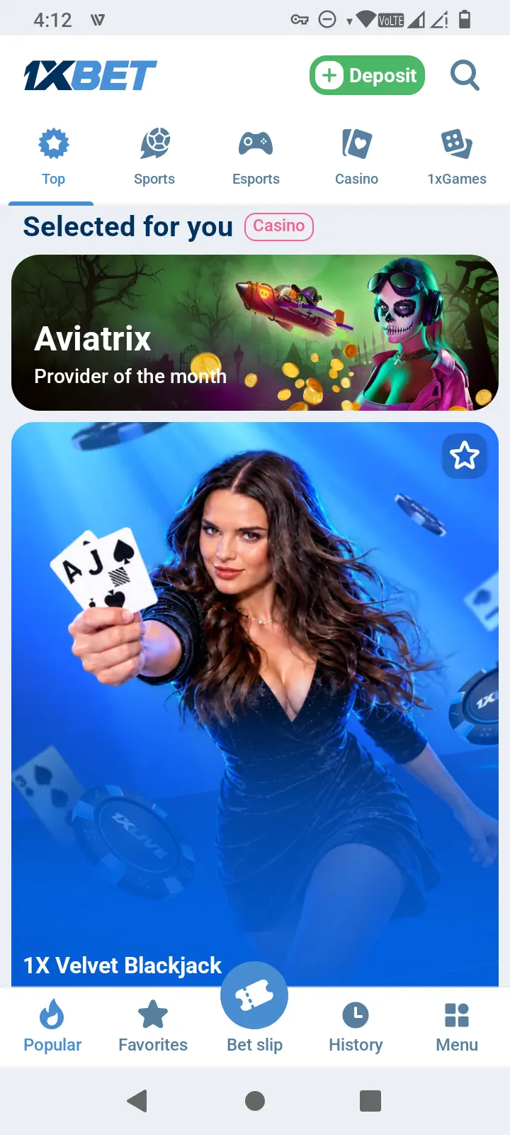 1xBet casino lobby featuring the Aviatrix crash game