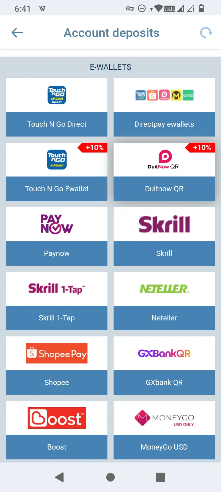 1xBet account deposits screen showing e-wallet payment options