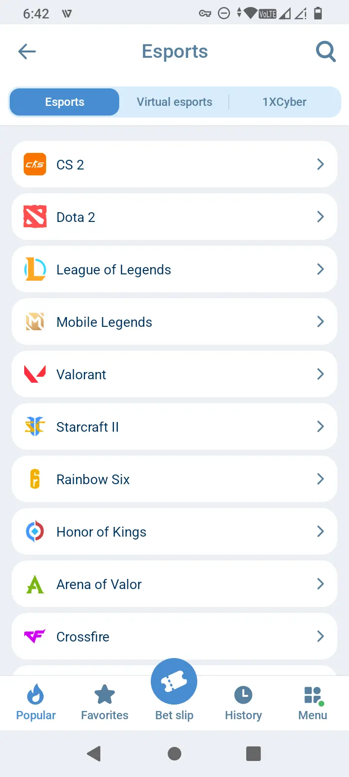 1xBet esports disciplines list including CS2, Dota 2, League of Legends and Valorant