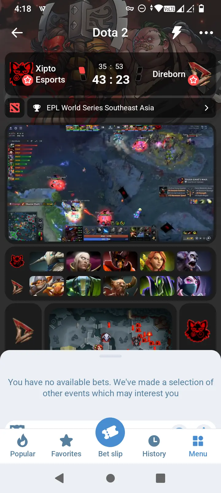 1xBet live Dota 2 esports match stream with betting odds