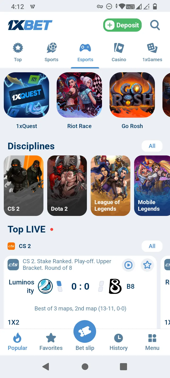 1xBet esports section with CS2, Dota 2 and League of Legends disciplines