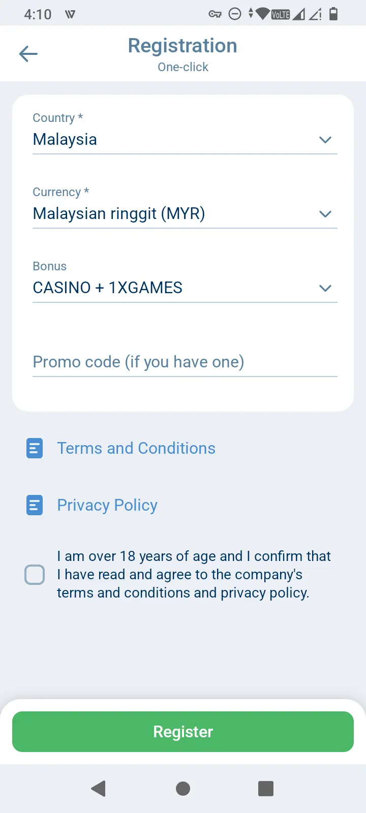 1xBet one-click registration screen set to Malaysia and Malaysian ringgit MYR