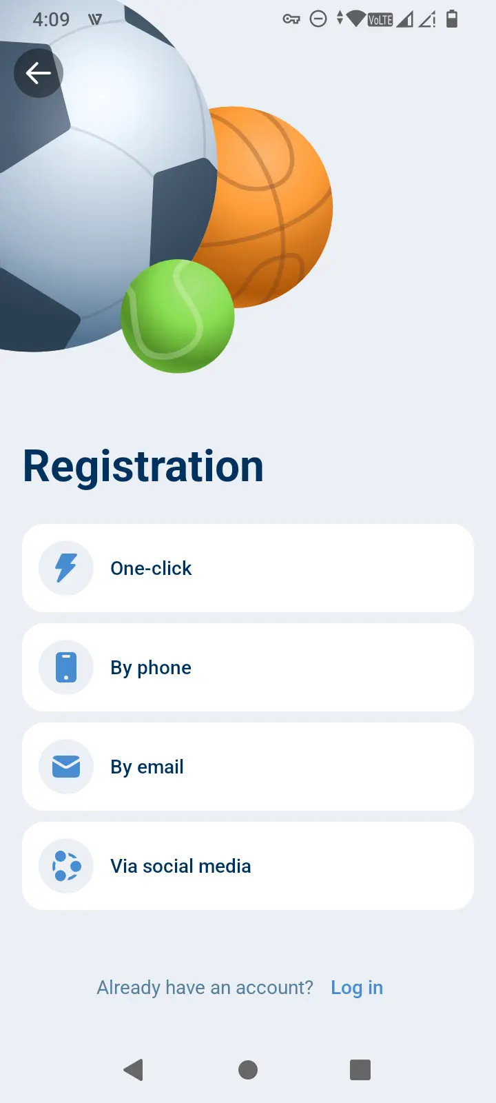 1xBet registration screen with one-click, phone, email and social sign-up options