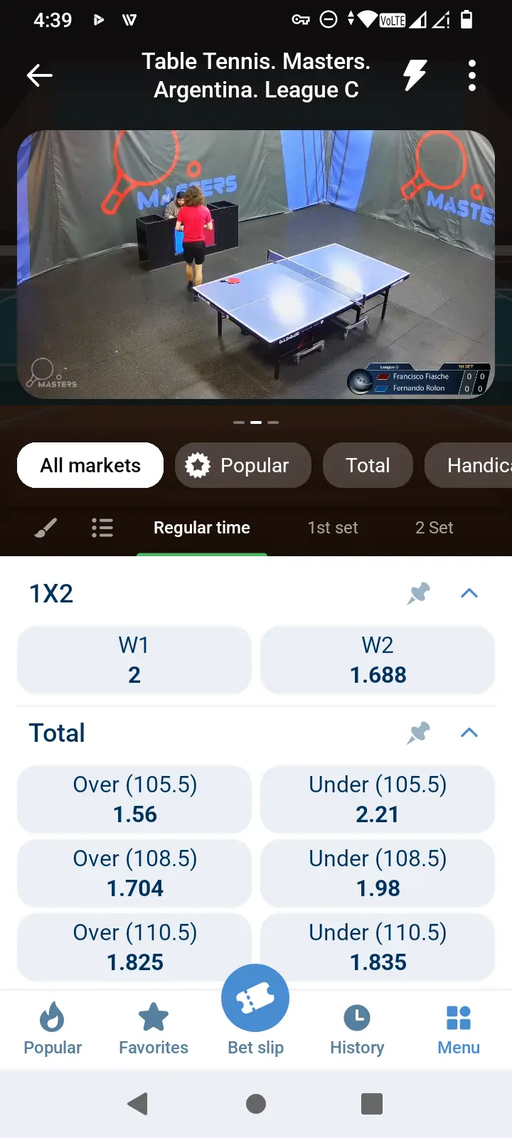 1xBet live table tennis match odds screen