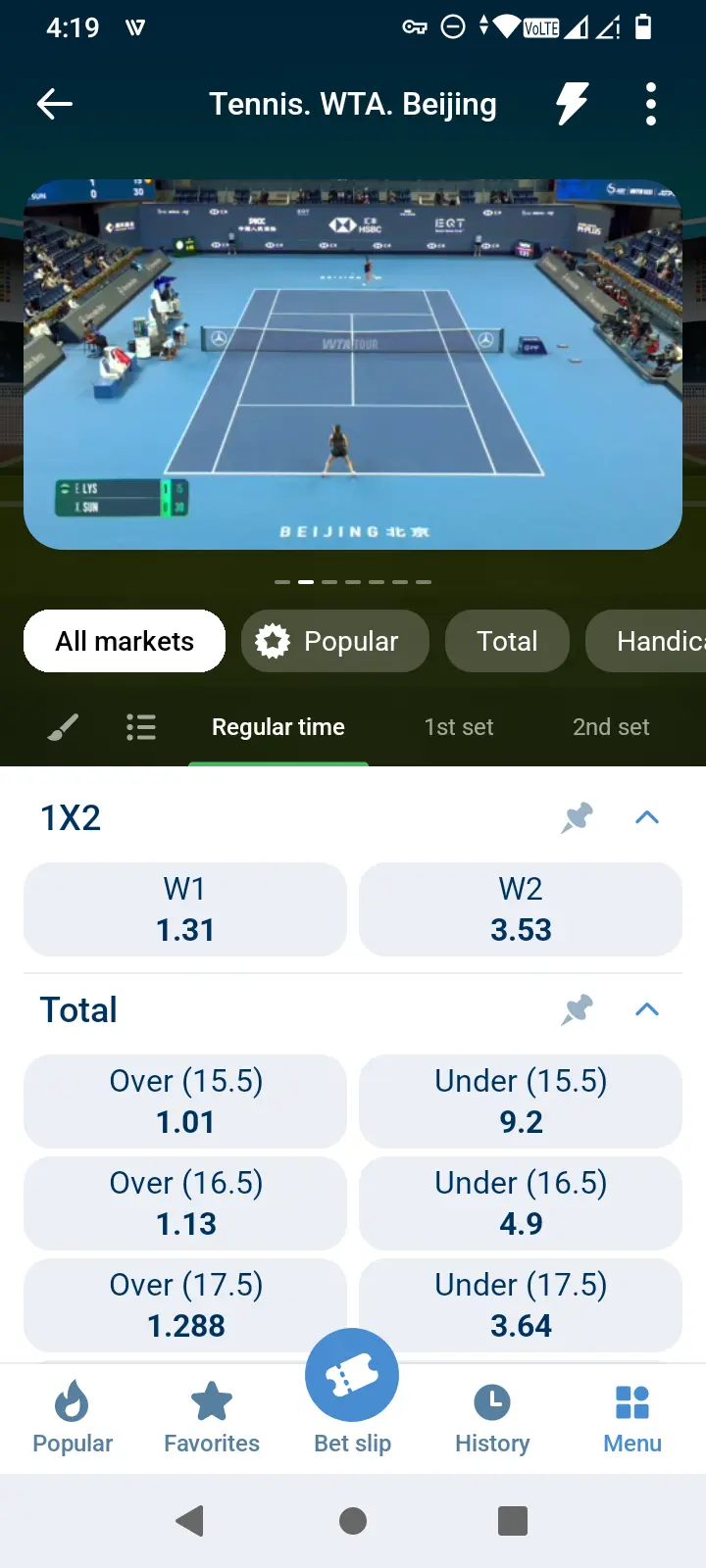 1xBet live WTA tennis match stream with odds markets