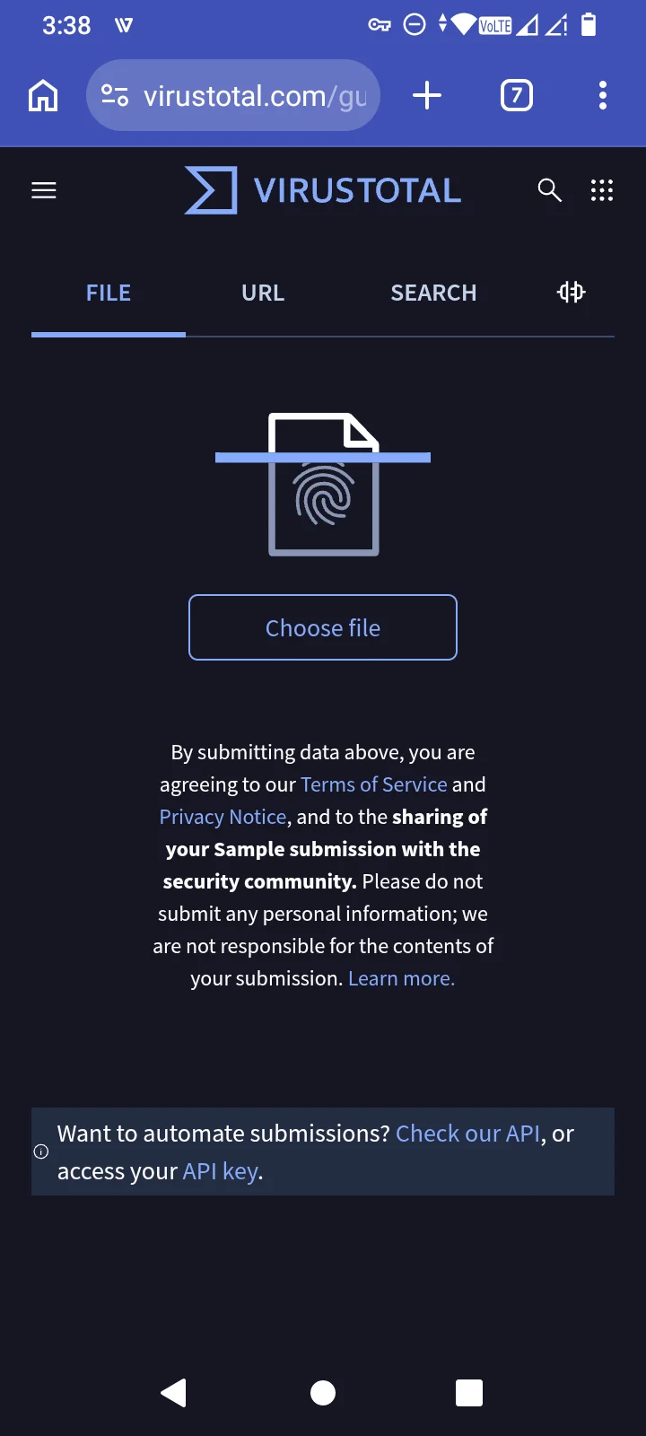 VirusTotal.com file upload page used to scan the 1xBet APK